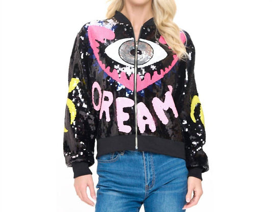 Wona Trading - Dreams Screams Letter Multicolor Eye Sequin Zip Up Bomber Jacket