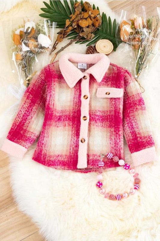 Kids Charm - Girl's Plaid Shacket With Pink Trim "7-10y"