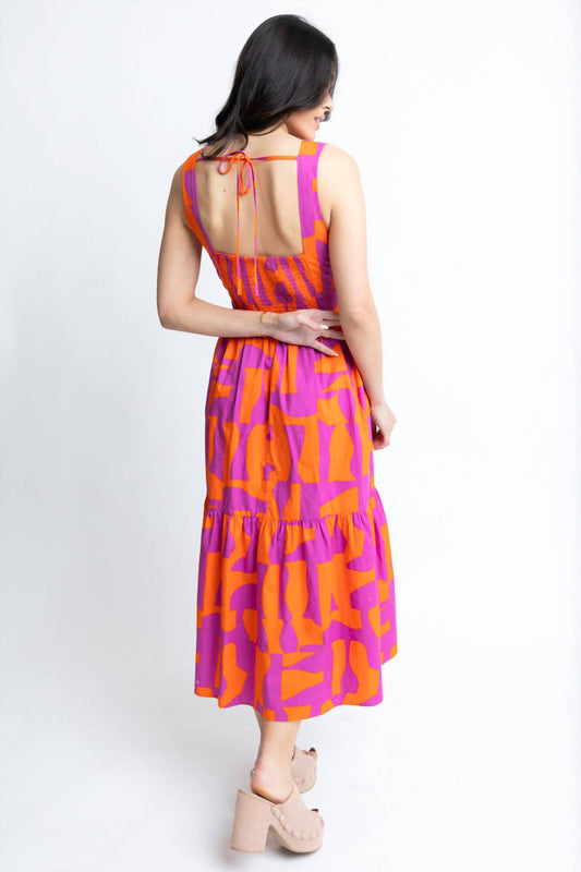 Karlie - Geometric Poplin V-neck Cutout Midi Dress