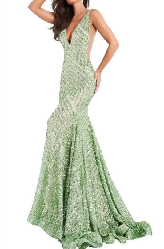 Jovani - Striped Sequin Pattern Dress