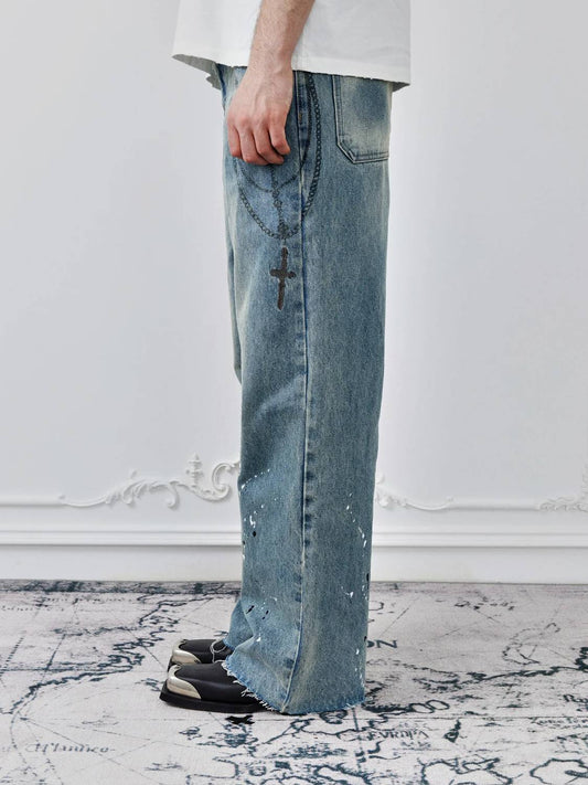 Birth Of Royal Child - Chain Ink Print & Fray Distressed Jeans