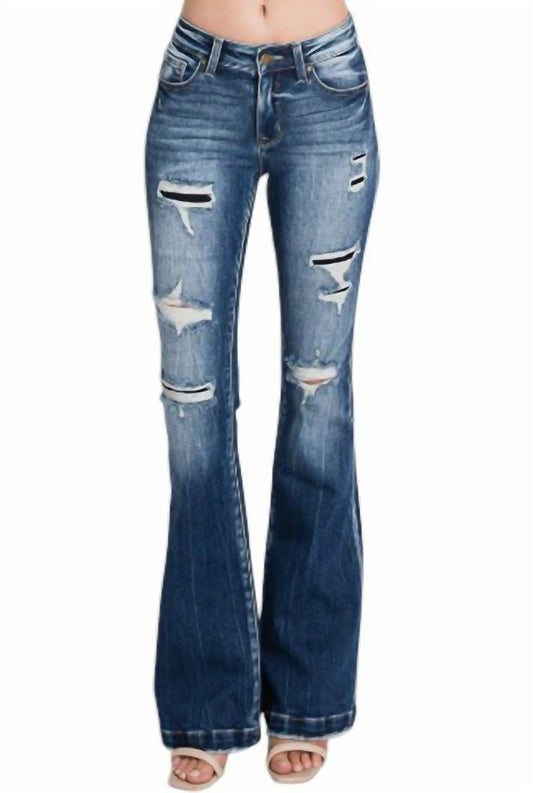 Petra153 - Destroyed Mid Rise Stretch Flare Jeans With Patch - Petite