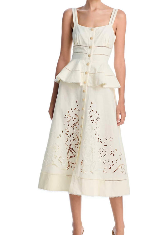 Self-Portrait - CREAM LINEN PEPLUM MIDI DRESS