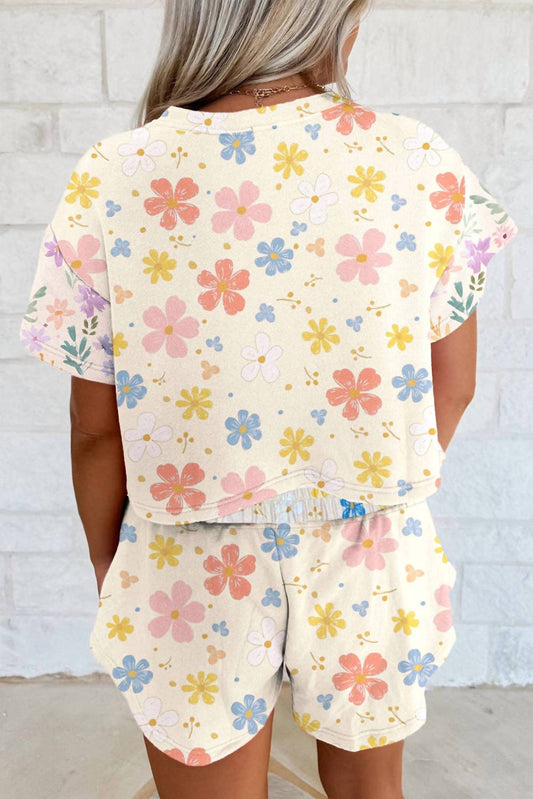 Lovesoft - Floral Print Crop Top Wide Leg Short Set