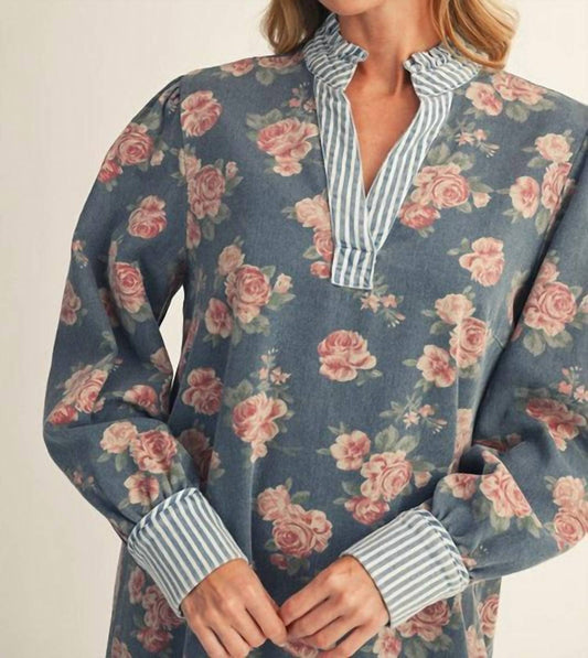 Jodifl - Stripe Detail Floral Denim Dress