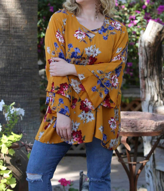 Angie - Floral Layered Bell Sleeve Tunic - PLUS