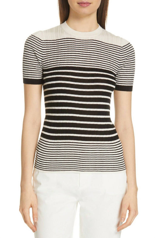 Atm - Striped Short Sleeve Silk Cashmere Knit Sweater