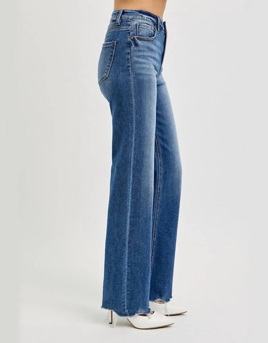 Risen - Tina Tummy Control High Rise Wide Leg Raw Cut Hem Jeans