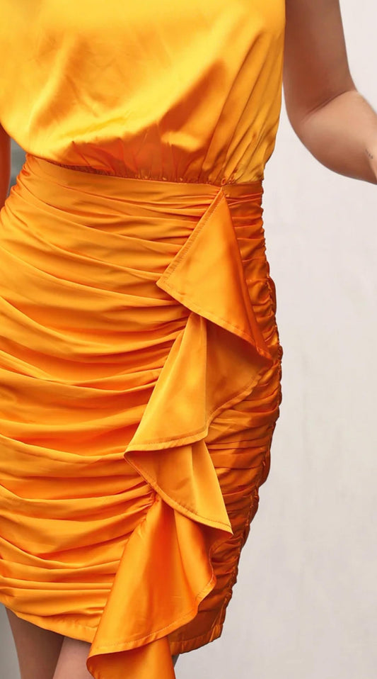 Greylin - Ariel Draped Mango One Shoulder Mini Dress