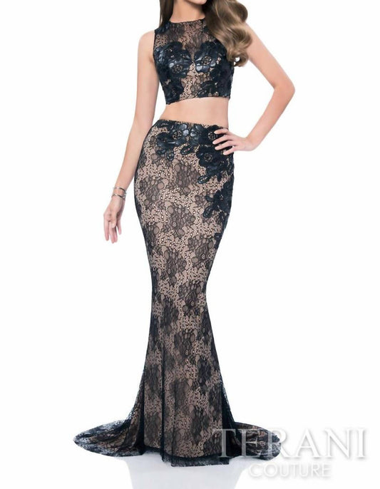 Terani Couture - Two Piece Lace Leather Applique Prom Dress