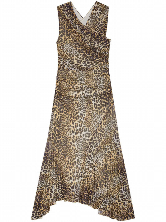 Ganni - Printed Marl Mesh Long Ruched Crossover Dress