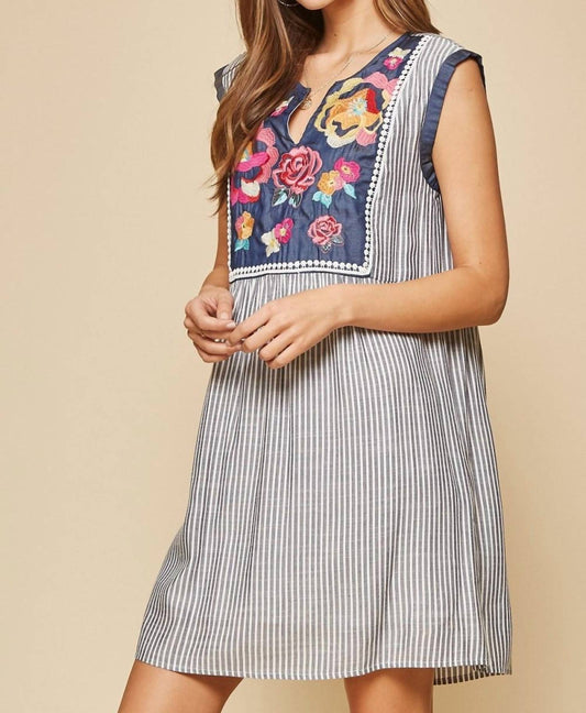 Andree By Unit - Floral Embroidered Stripe Dress