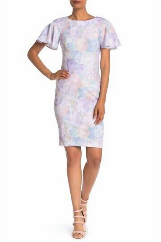 Calvin Klein - Floral Print Flutter Sleeve Above Knee Scuba Dress