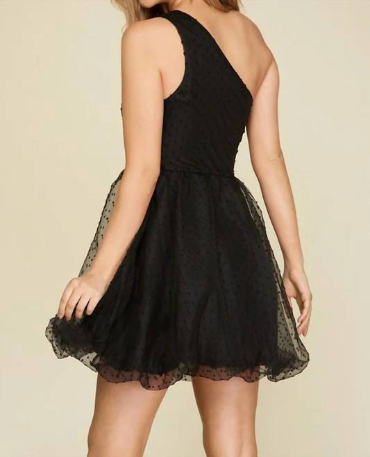 She + Sky - One Shoulder Polka Dot Organza Mini Dress