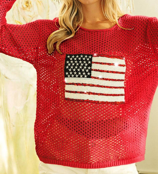 Bibi - Sequin American Flag Patch Open Knit Cover Up