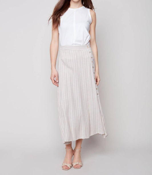 Charlie B - Printed Long Striped Linen Skirt With Coconut Buttons