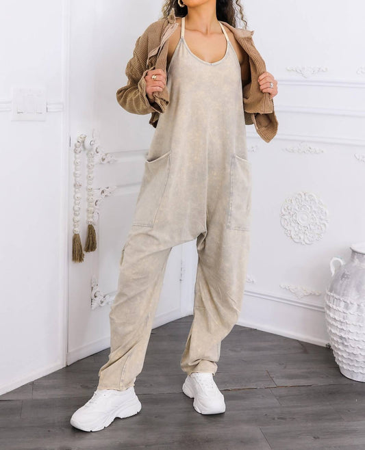 Surelymine - Mineral Wash Jumpsuit Relaxed Fit Pocket Overalls