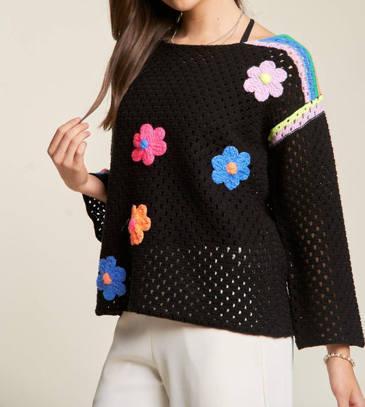 Davi & Dani - Women's Crochet Flower Patched Sweater - Plus