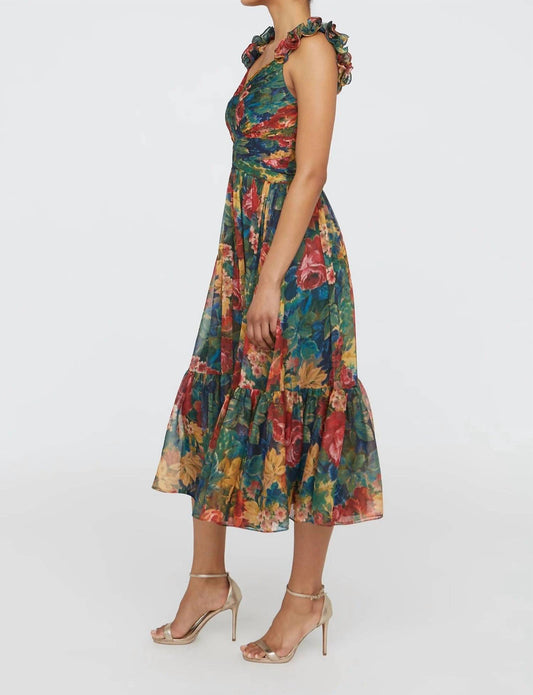Theia - Tate Ruffle Shoulder Midi Dress