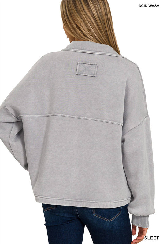 Zenana - Acid Wash Fleece Cropped Shacket With Front Pockets