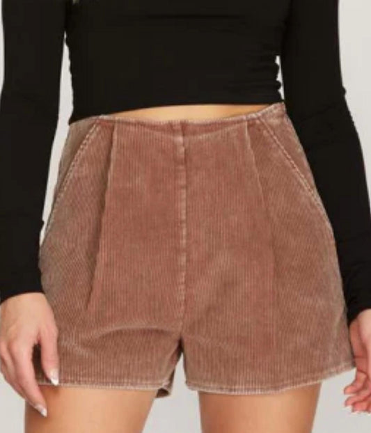 She + Sky - Washed Corduroy Shorts With Side Pockets