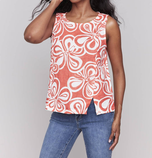 Charlie B - Printed Sleeveless Linen Blend Top With Slit