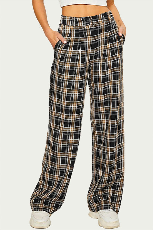 CHECKED COTTON-BLEND TWILL WIDE-LEG PANT