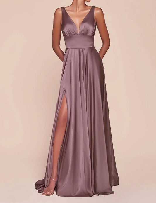 Ladivine - Long Satin A-line Dress With Slit