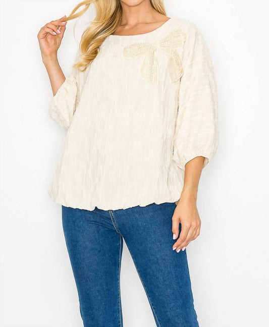 Joh - Woven Top With Pearl Ribbon Bow