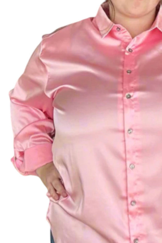 She + Sky - Long Sleeve Woven Satin Shirt With Rollup Sleeve