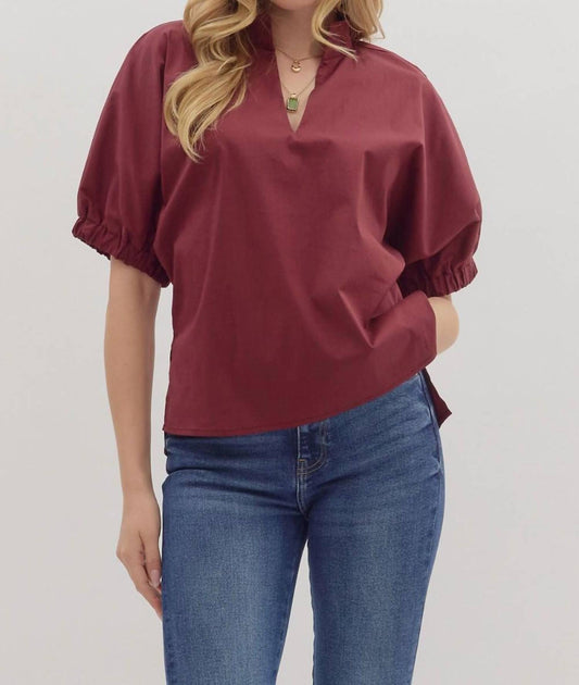 Entro - V-neck Short Puff Sleeve Top