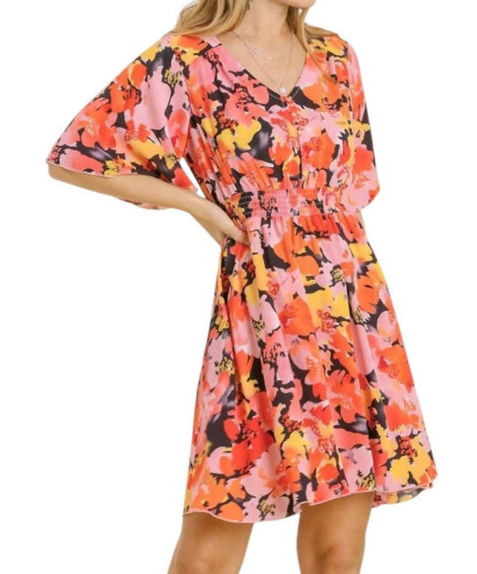 Umgee - Mixed Print V-neck With Ruffle Sleeves Dress