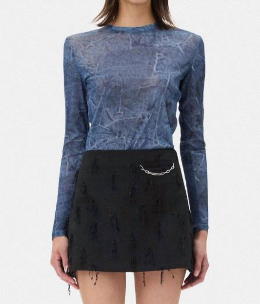 Ganni - Printed Mesh Long Sleeve Crew Neck Top