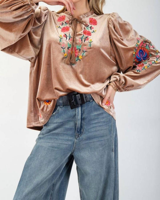 Easel - Embellished Detailed Floral Velvet Top