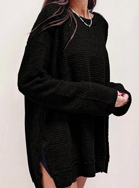 Lovesoft - Waffle Knit High Slits Long Sleeve