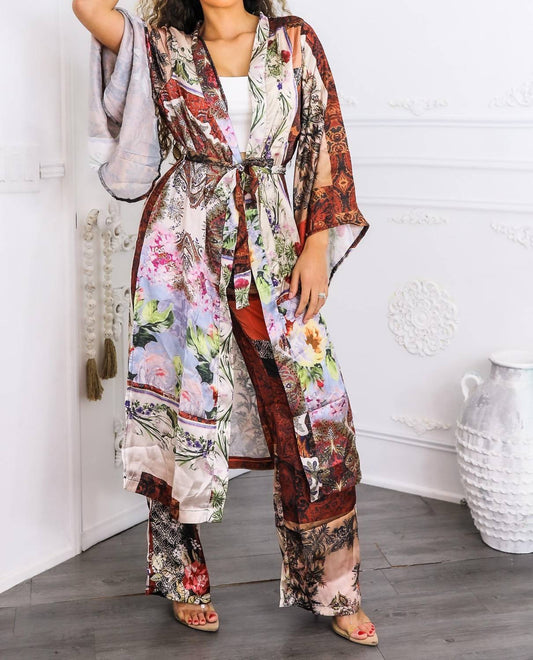 Surelymine - Golden Hour Boho Luxe Kimono Set Printed Duster & Wide-leg Pants