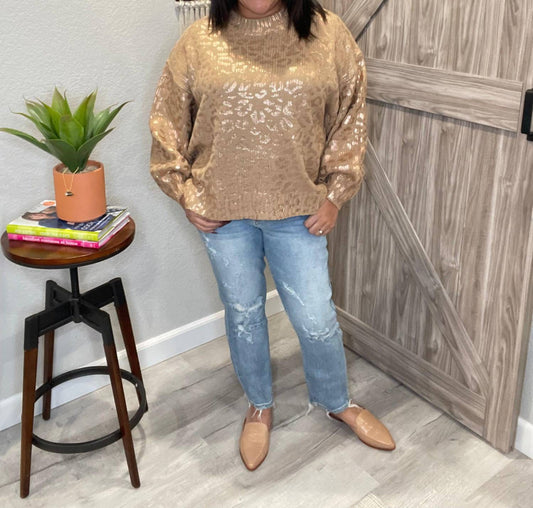 And The Why - Metallic Rose Gold Taupe Leopard Print Balloon Sleeve Sweater
