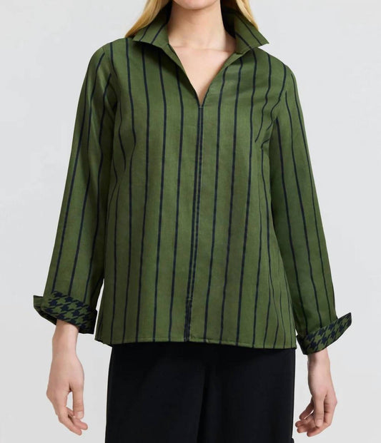 Foxcroft - Agnes Stripe & Houndstooth Long Sleeve Popover Shirt