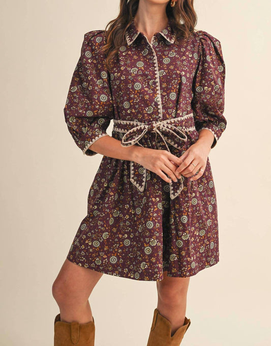 &Merci - Women's Blanket Stitch Puff Sleeve Floral Mini Dress