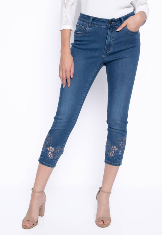 Picadilly - Rhinestone Cutout Embroidery Deep Denim Jeans