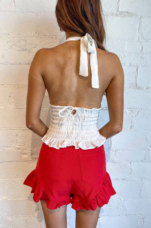 Day + Moon - Flared Ruffle Denim Shorts