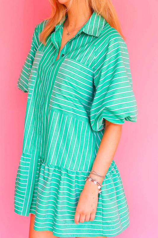 Karlie - Stripe Pocket Ana Ruffle Bottom Mini Dress