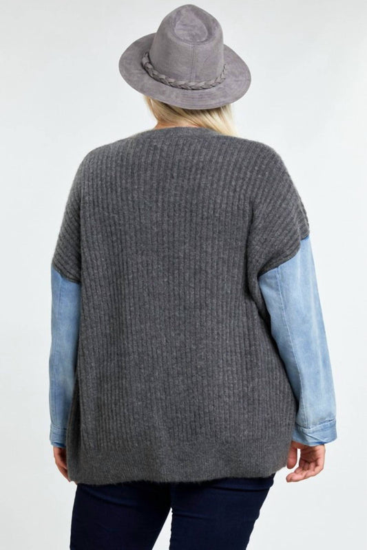 Davi & Dani - Oversize Sweater Cardigan with Denim Sleeve