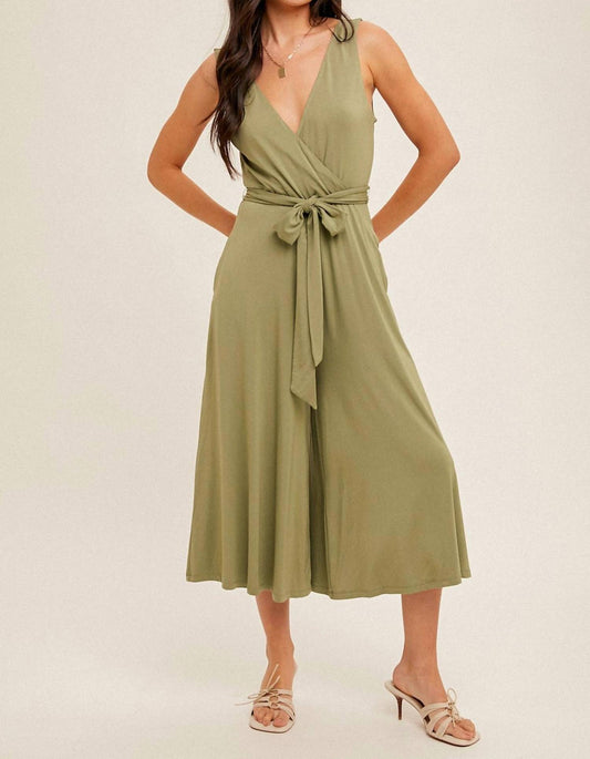 Hem & Thread - Surplice Neck Belted Wide Leg Jumpsuit