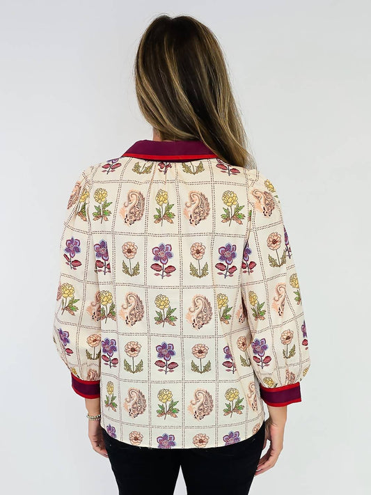 Entro - Floral Printed Contrast Split Neck Top