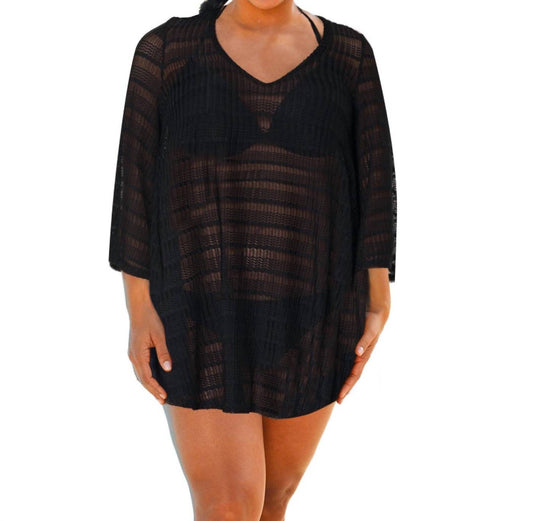 Jordan Taylor - Plus Size Textured V-neck Lace Bell Sleeve Tunic Cover Up