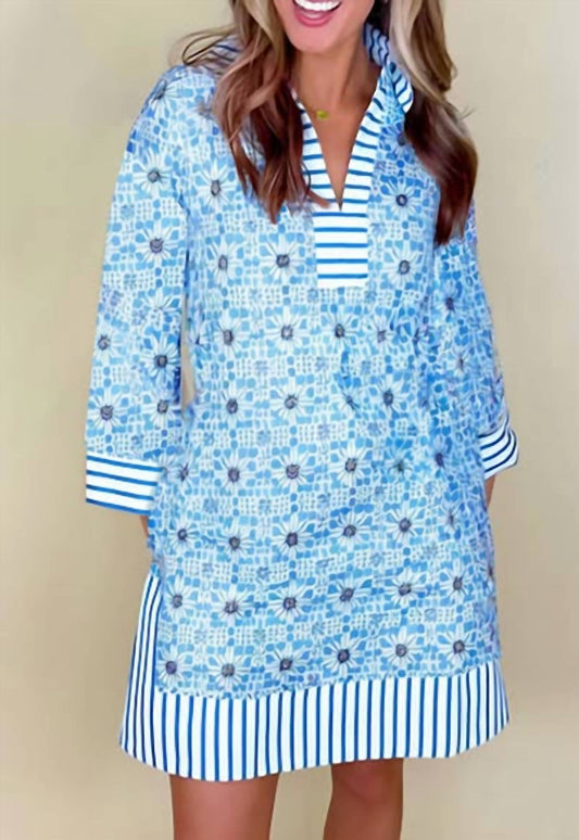 Shewin - Contrast Striped Trim Floral Shift Dress