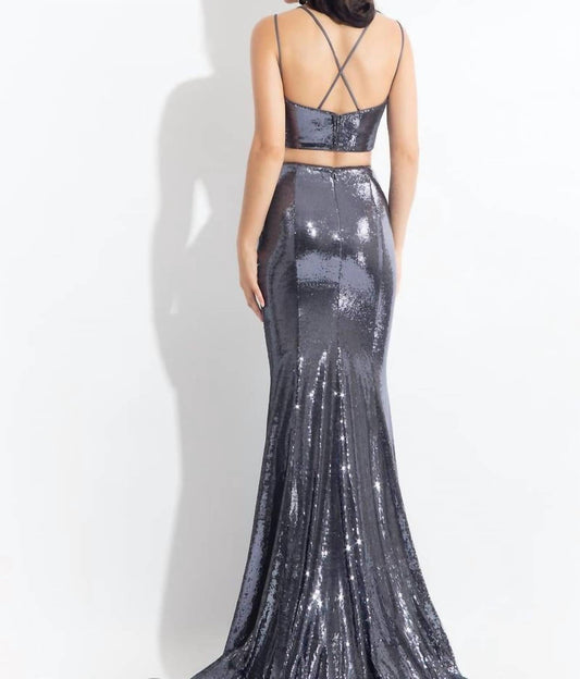 Rachel Allan - Two-piece Sequin Strappy Evening Gown