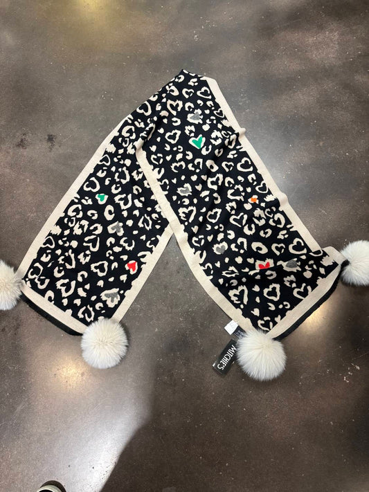 Mitchie'S Matchings - Narrow Woven Heart and animal print scarf with fox poms