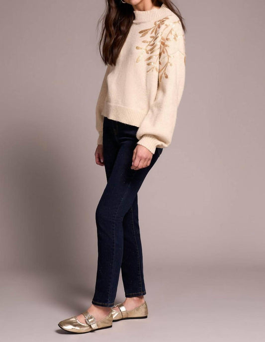 Tribal - Sequin Floral Applique Mock Neck Sweater